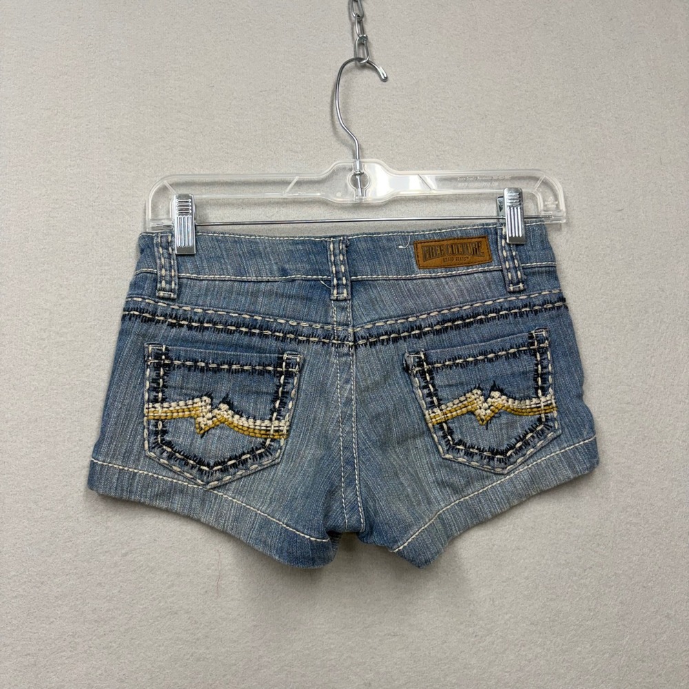 Free Culture Denim Shorts Girls Size 0 Blue Thick Stitch Y2K Embroidered Mini